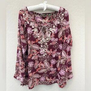 EDDIE BAUER Floral Paisley Embroidered Burgundy Boho Peasant Tunic Cotton Large